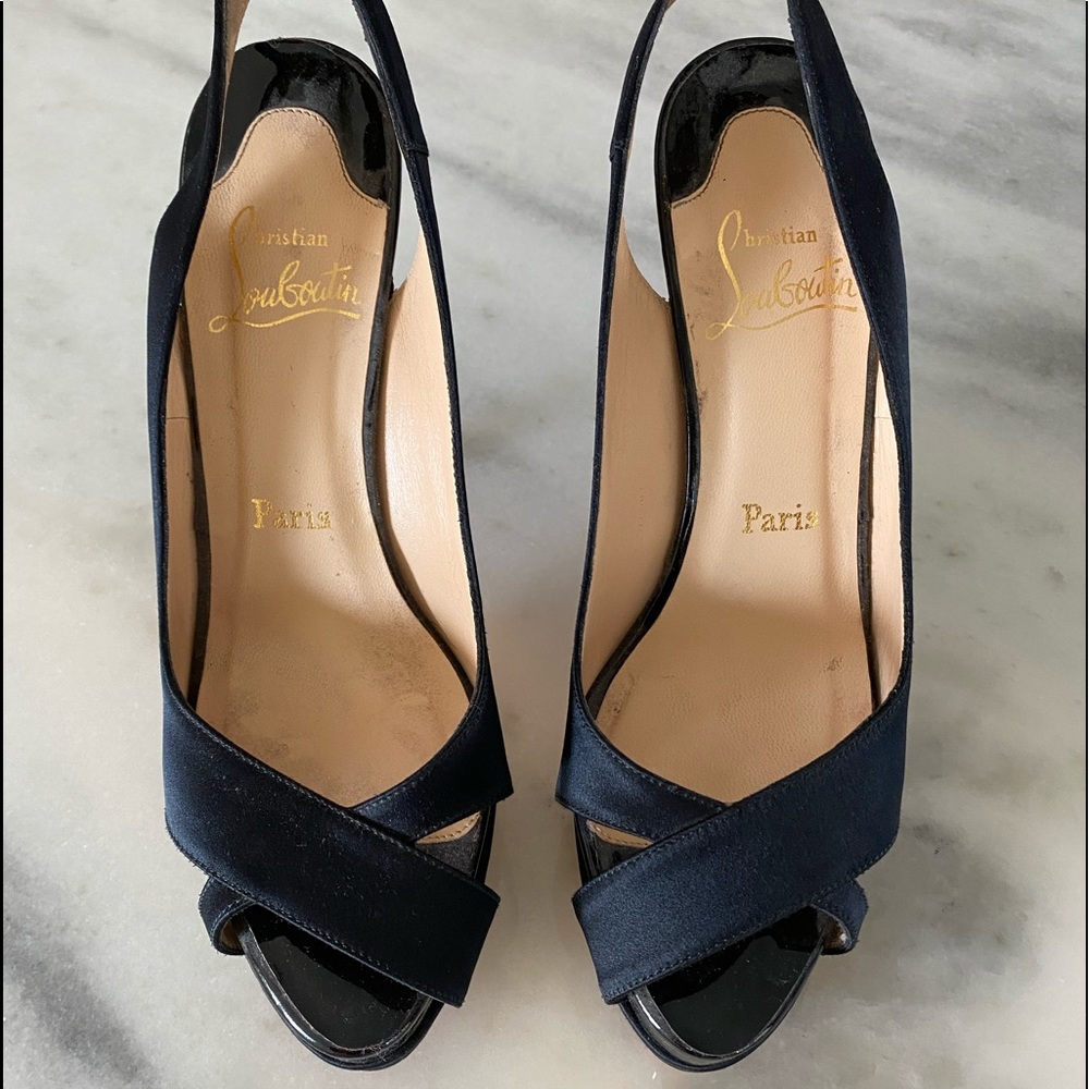 Christian Louboutin patent & satin sling back shoe